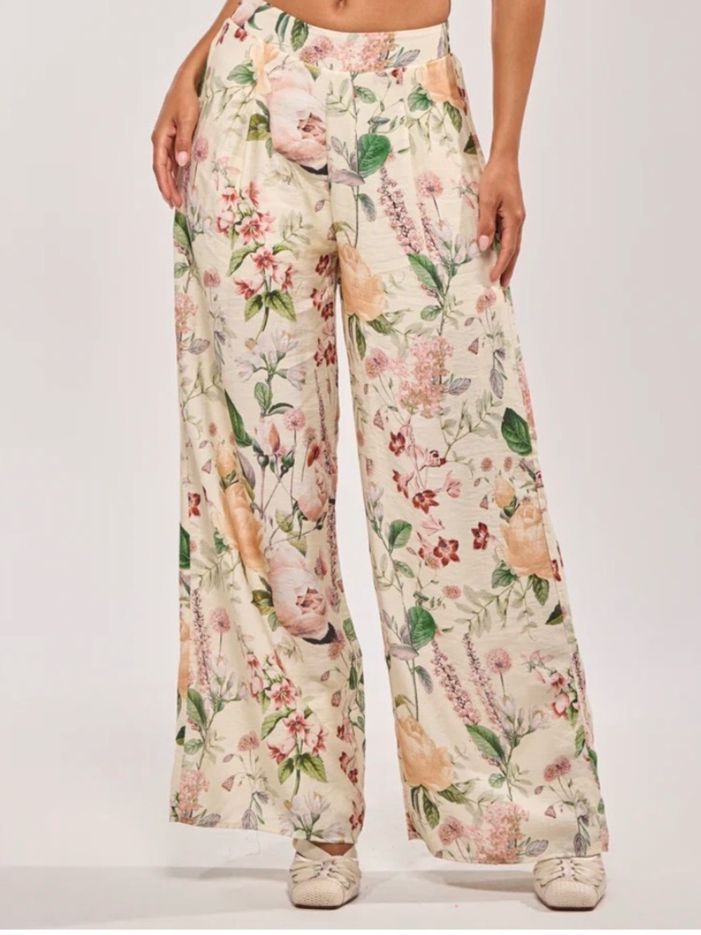 AKIRA Cream Floral Wide-Leg Jumpsuit Pants with Pink & Green Print - Picture 5 of 5